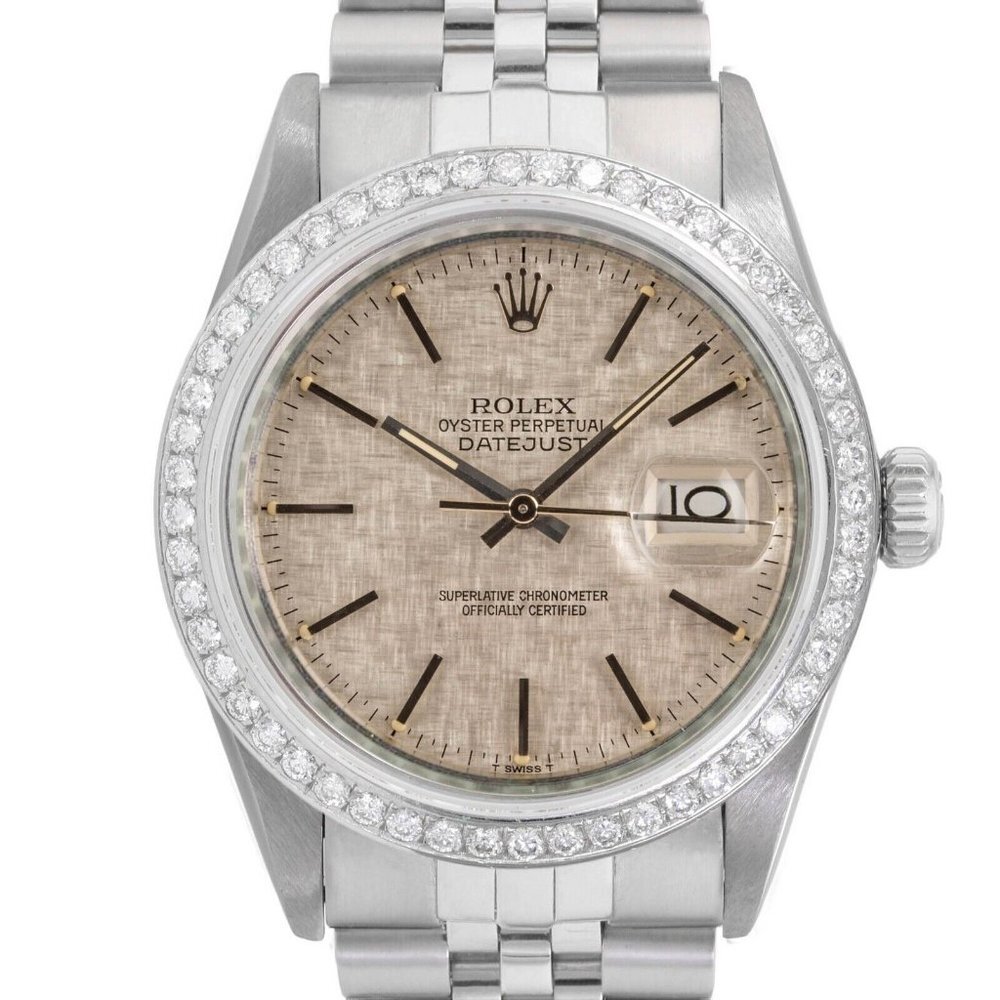 ROLEX DATEJUST SILVER LINEN INDEX DIAL 1.25CTW DIAMOND STEEL JUBILEE 36 MM 16014